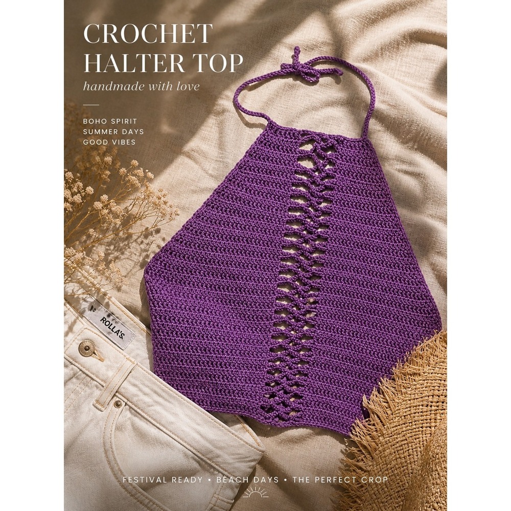 Handmade Crochet Halter Top Purple Knit Crop Top Boho Hippie Festival‎ Backless